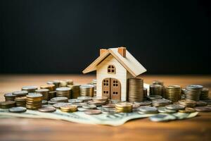 AI generated Home investment Money and house model on wooden background, finance photo