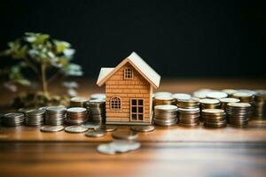 AI generated Home investment Money and house model on wooden background, finance photo