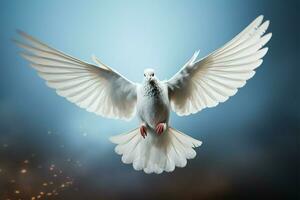 AI generated Skybound elegance Blue background with a white feathered dove symbol photo