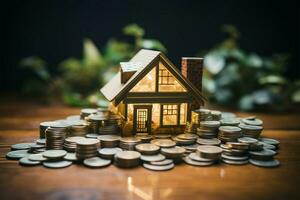 AI generated Financial dreams Money and house model on wooden background, banking concept photo