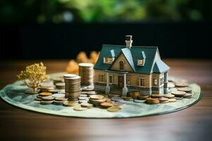 AI generated Banking aspirations Money and house model illustrating financial concepts photo