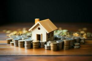 AI generated Financial dreams Money and house model on wooden background, banking concept photo