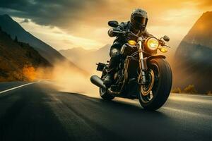 ai generado montaña paseo motocicleta jinete en el la carretera durante puesta de sol hora foto