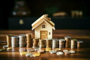 AI generated Financial stability Money and house model on wooden background graphic photo