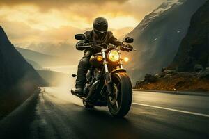 AI generated Sunset cruise Motorcycle rider in the mountains during evening time photo