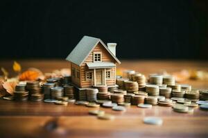 AI generated Financial dreams Money and house model on wooden background, banking concept photo