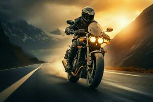 AI generated Sunset cruise Motorcycle rider in the mountains during evening time photo