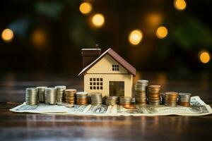 AI generated Financial dreams Money and house model on wooden background, banking concept photo