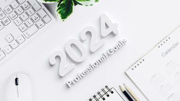 parte superior ver de nuevo años calendario página en escritorio oficina con profesional metas y que hacer lista cuaderno. ideas para planificación y Autodesarrollo planificación en el organización para comenzando el nuevo año 2024 foto