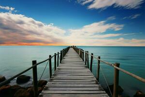 AI generated Seaside escape Wooden pier stretches into the tranquil seascape photo