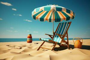 ai generado playa relajación silla y paraguas en arenoso apuntalar debajo azul cielo foto