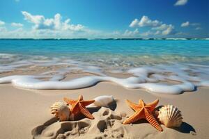 ai generado verano escapar conchas marinas y estrella de mar gracia el Dom mojado tropical orilla foto