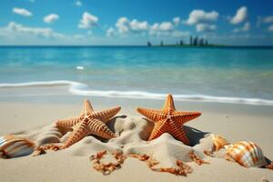 ai generado tropical tesoros conchas marinas y estrella de mar adornar el hermosa arenoso playa foto