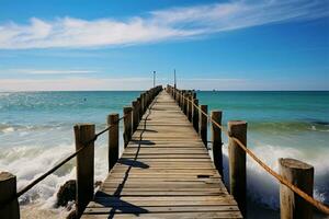 AI generated Pier panorama Wooden structure extends into the calm seascape view photo