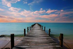 AI generated Seaside tranquility Wooden pier extends into the sea under clouds photo