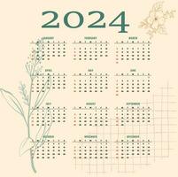 Cream and green 2024 new year schedule calendar layout vector