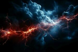 AI generated Thunderous night Dark storm sky illuminated by powerful blue lightning photo