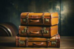 AI generated Vintage wanderlust Classic travel leather suitcases on a 90s background photo