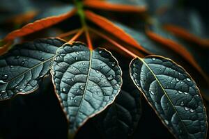 ai generado Rocío besado follaje cerca arriba de hermosa otoño hojas con agua gotas foto