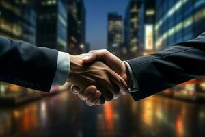 AI generated Business synergy Handshake after successful meeting, congratulation, merger concepts photo