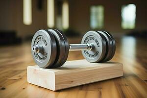 AI generated Fitness essentials Pair of dumbbells on wooden gym floor photo