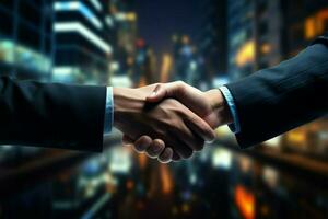 AI generated Business synergy Handshake after successful meeting, congratulation, merger concepts photo