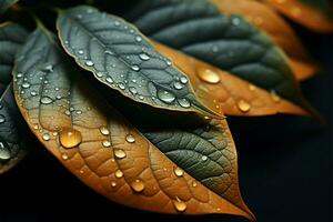 ai generado Rocío besado follaje cerca arriba de hermosa otoño hojas con agua gotas foto