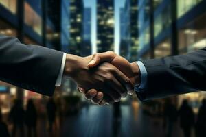 AI generated Business synergy Handshake after successful meeting, congratulation, merger concepts photo