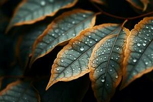 AI generated Fall enchantment Close up of autumn leaves with water droplets photo