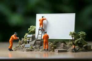 AI generated Artistic scene Miniature people painting at the front of whiteboard photo