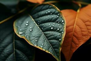 ai generado Rocío besado follaje cerca arriba de hermosa otoño hojas con agua gotas foto