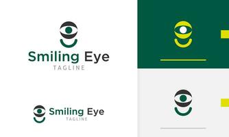 Logo design icon of geometric eye ball with smile line below showing happy face expression emotion vector