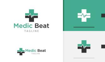 Logo design icon of plus health shape with pulse beat outline for hospital care monitor diagnose vector