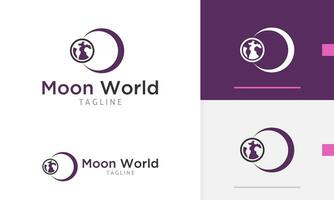 Logo design icon of crescent half moon in the sky with a small earth world globe shape space people vector