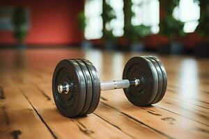 AI generated Exercise gear Dumbbells on a gym floor for fitness workouts photo