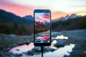 ai generado puesta de sol instantánea teléfono inteligente capturas montaña corriente en trípode en naturaleza foto