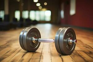 AI generated Exercise gear Dumbbells on a gym floor for fitness workouts photo