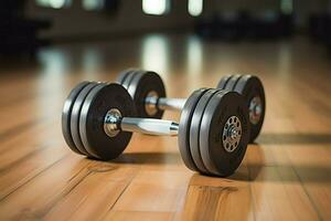 AI generated Fitness essentials Pair of dumbbells on wooden gym floor photo