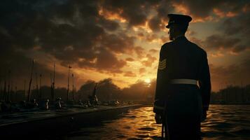 ai generado nosotros Ejército saludos en frente de un Embarcacion con el americano bandera en silueta paisaje foto