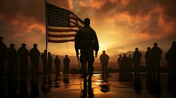 ai generado nosotros Ejército saludos en frente de un Embarcacion con el americano bandera en silueta paisaje foto