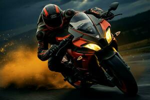 AI generated Sporty twilight Motorcycle rider cruising on the road at sunset photo