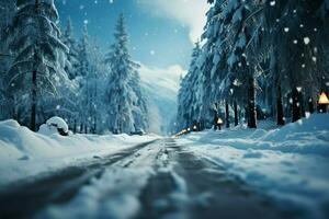 ai generado invierno la carretera al aire libre naturaleza escena con Nevado árboles, escarcha foto