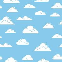 Clouds in the sky seamless pattern. Various clouds shapes silhouette on blue background. Vector illustration