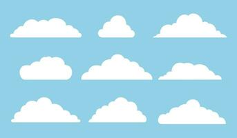 Set of clouds icons in the sky. Collection of various cloud shapes silhouette on blue background. Vector illustration