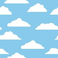 Clouds in the sky seamless pattern. Various clouds shapes silhouette on blue background. Vector illustration