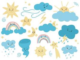 clima condiciones kawaii caracteres conjunto vector