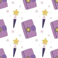Magic book of spells and magic wand seamless pattern vector