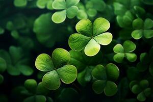 AI generated Lucky backdrop St Patricks Day theme with scattered clover leaves photo