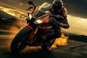 AI generated Roadscape journey Motorcycle rider on the road at sunset, sport photo