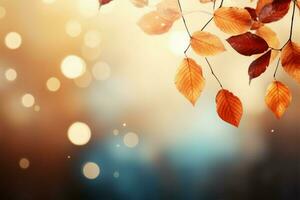 AI generated Autumns allure Falling leaves background with abstract bokeh design photo